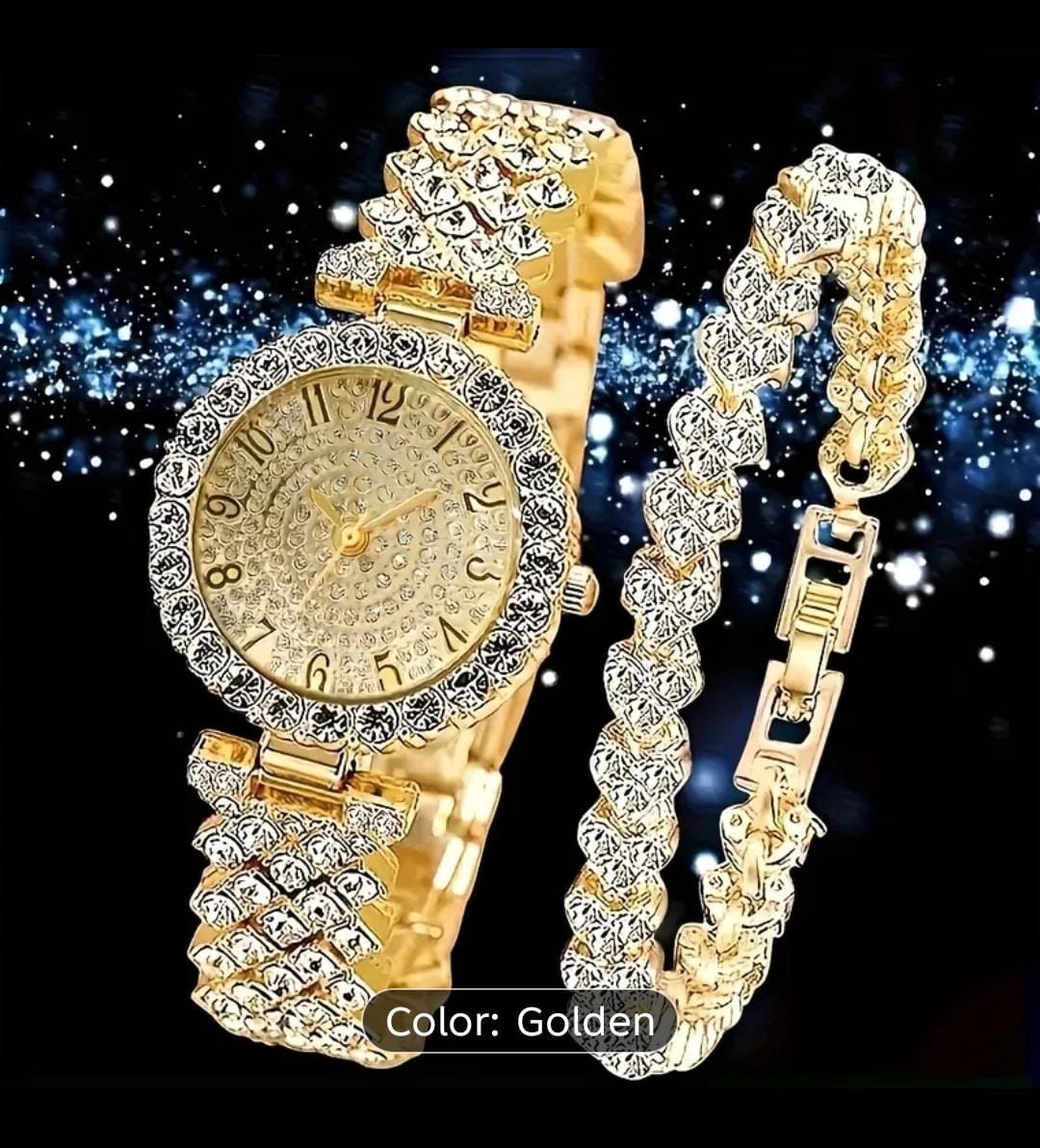Luxury Iced Out Diamond Watch and Bracelet 2-Piece Set.