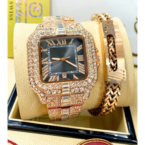 Men Non Tarnish Gold Watch +  Handchain