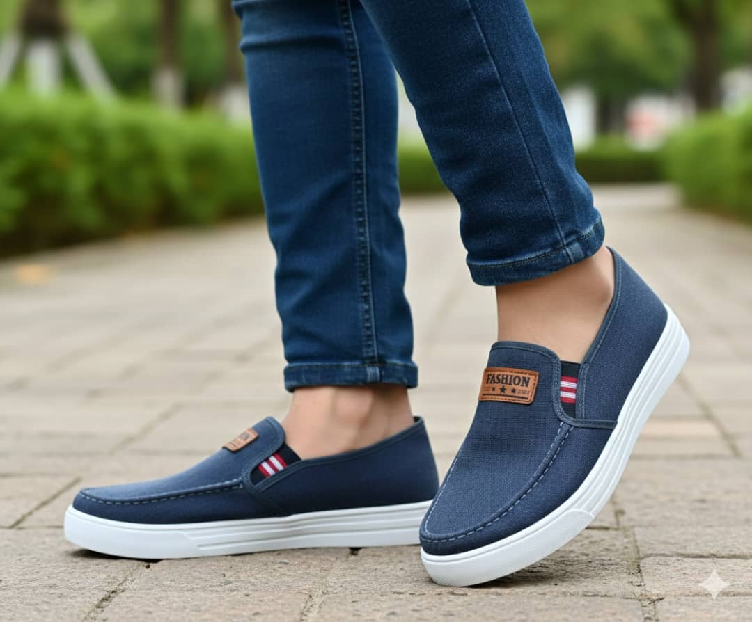 Men’s slip-on canvas loafers, Fashion brand, white sole, navy/grey casual shoes